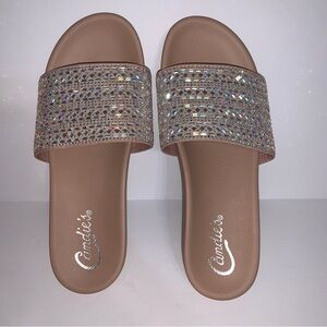 Candie's Tan Slide Sandals Glittering Rhinestone Details on Uppers size 6.5